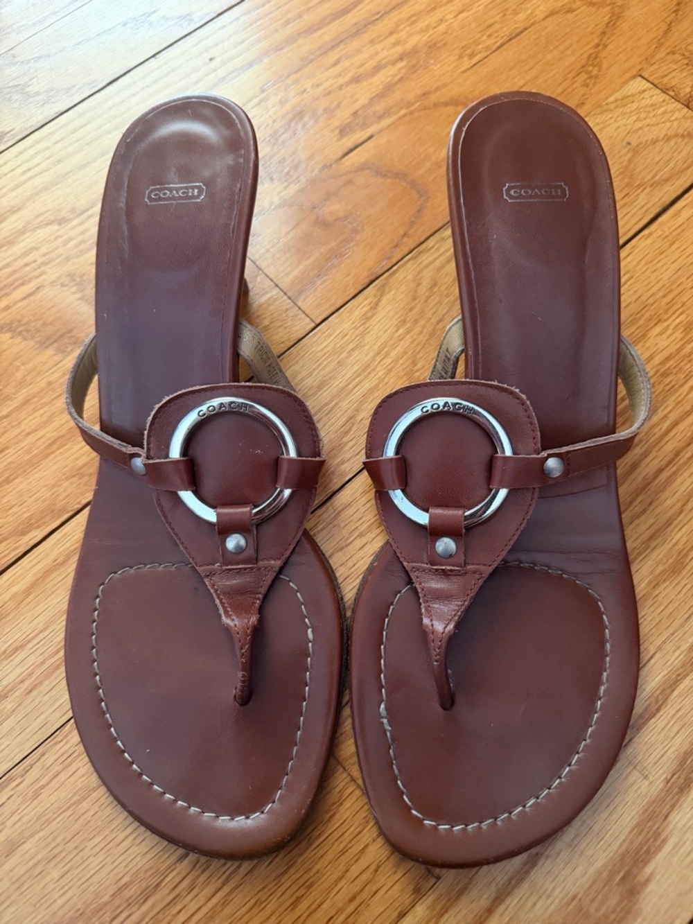 Coach Brown Leather Thong Sandals with Silver Ring